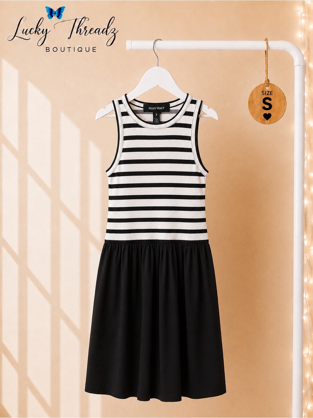 Ellen Tracy Black White Striped Mixed Media Dress S